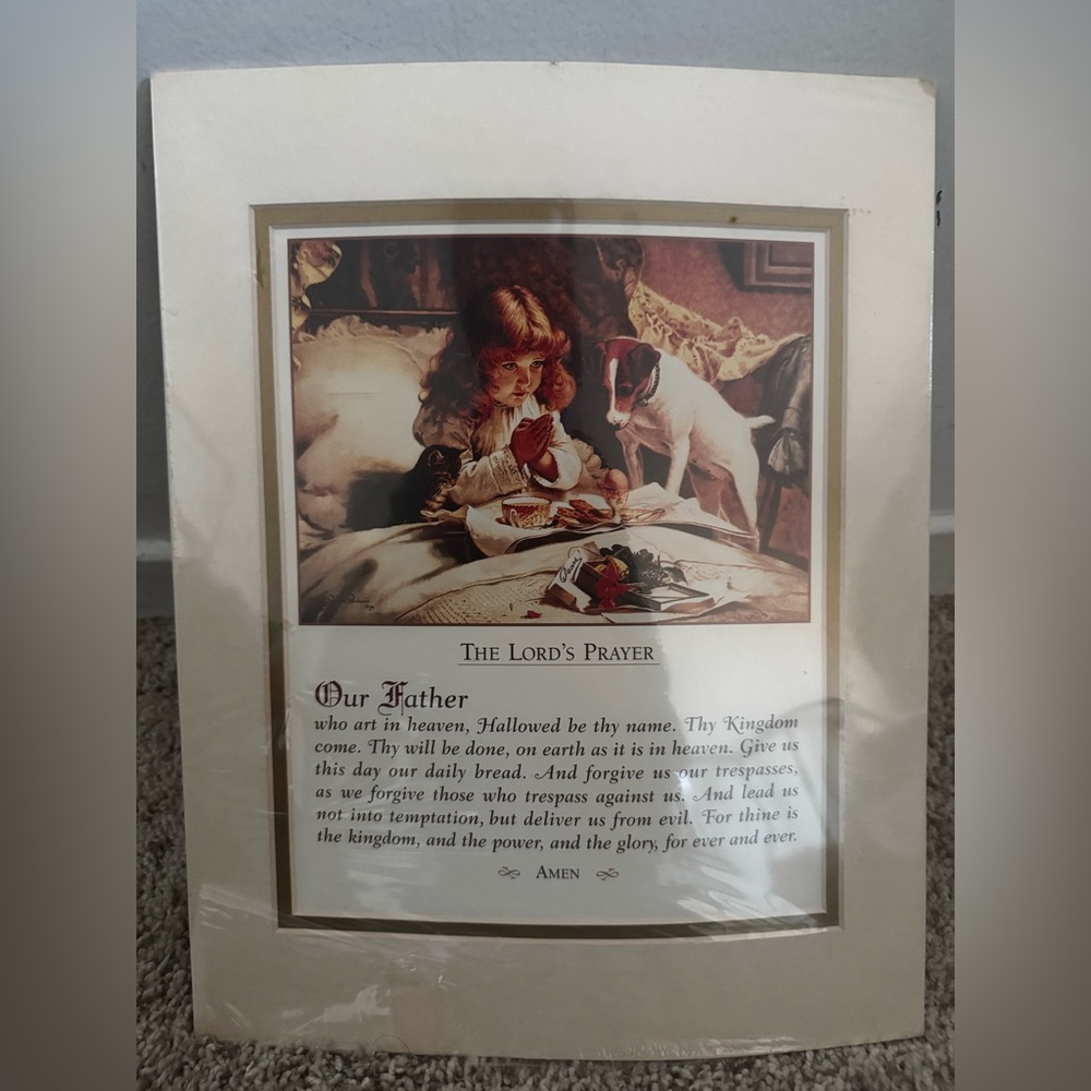 Vintage Charles Burton Barber Praying Girl Dog Double Matted Framed Kitchen Cat
